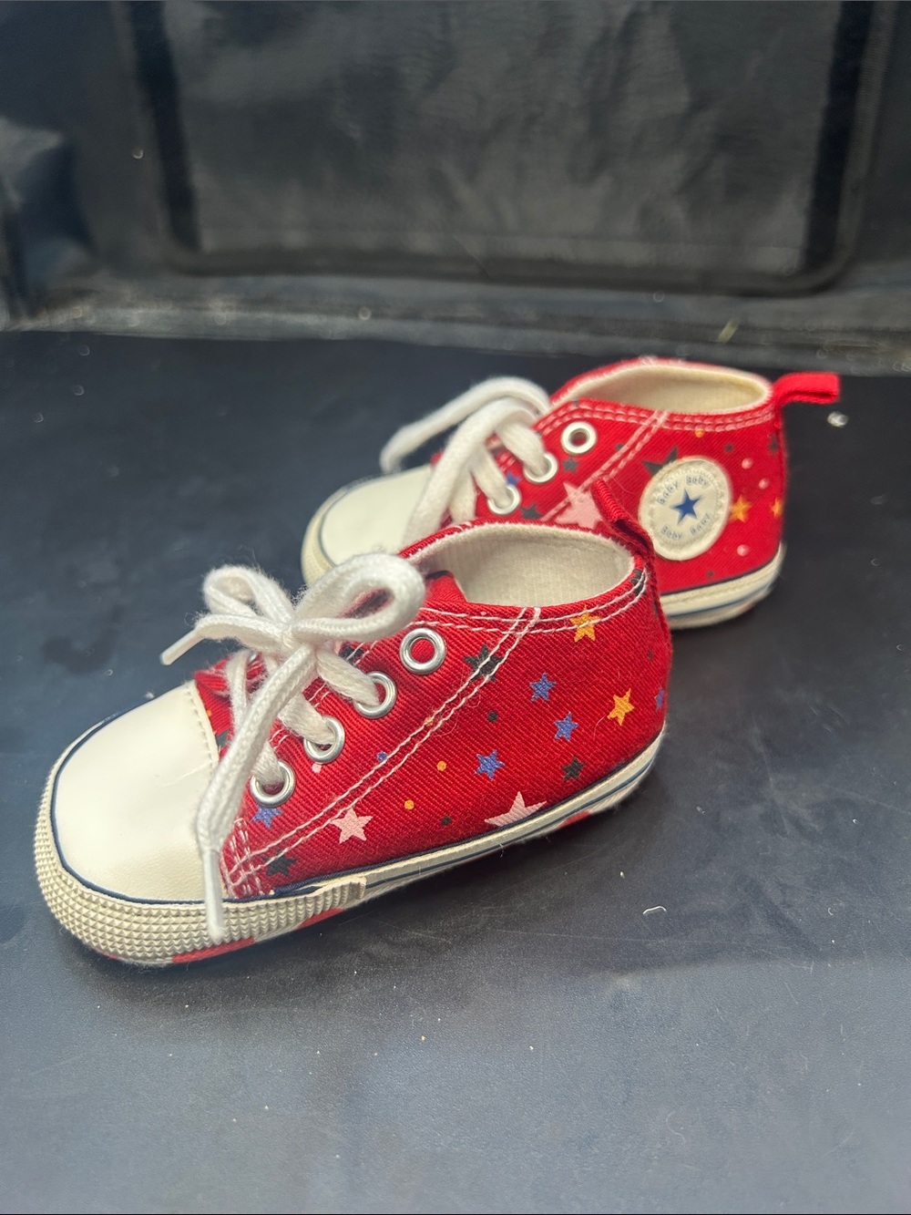 Baby Red Star-Print Canvas Walker Shoes with White Laces